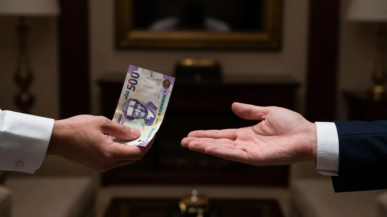 Two hands in a dim hotel room—one offering cash, the other declining—in a moment of mutual boundary setting.