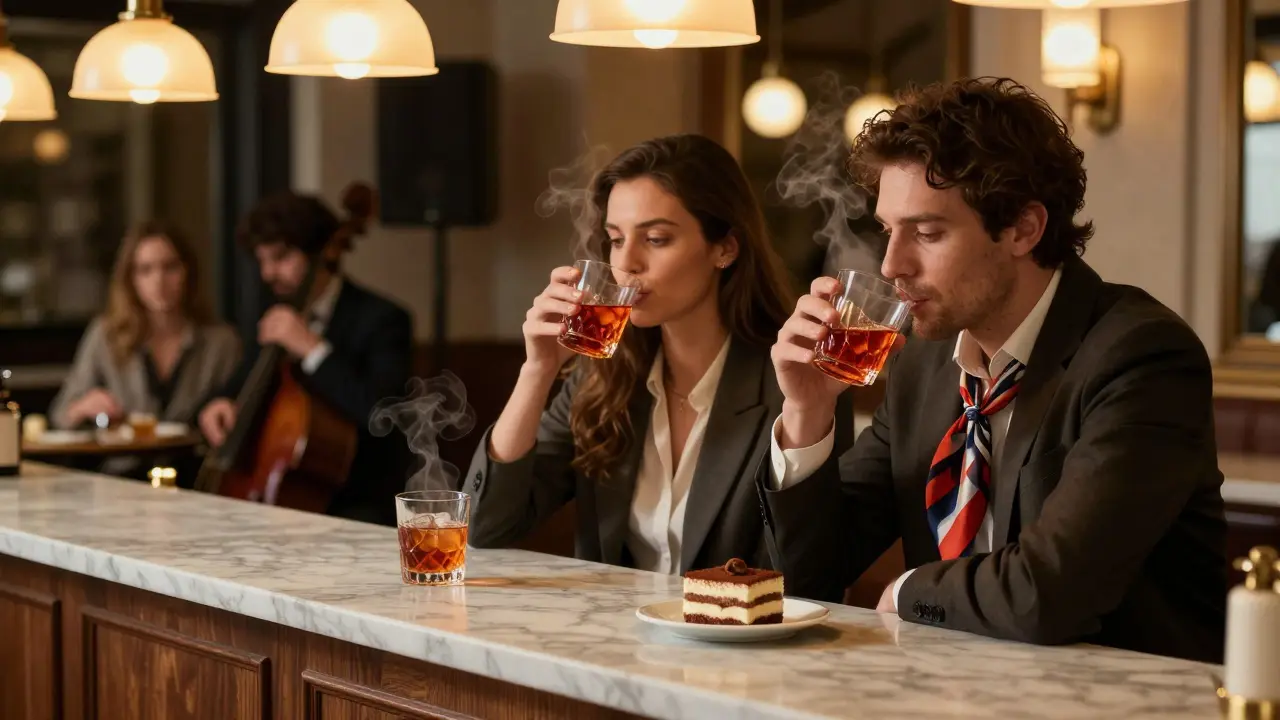 Two people enjoy Negronis at Caffè Cova in Milan, golden light glowing on marble counters and silk scarves.