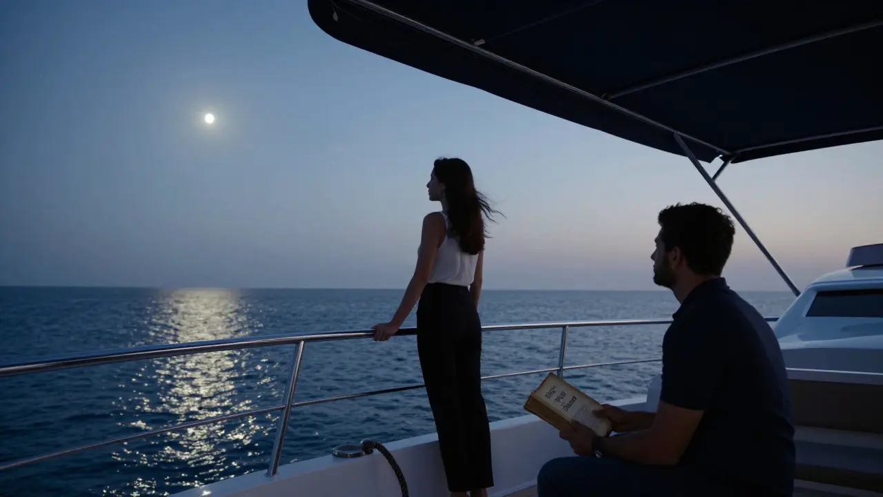 Two people on a yacht at twilight, silent and still, with stars above and the sea below.