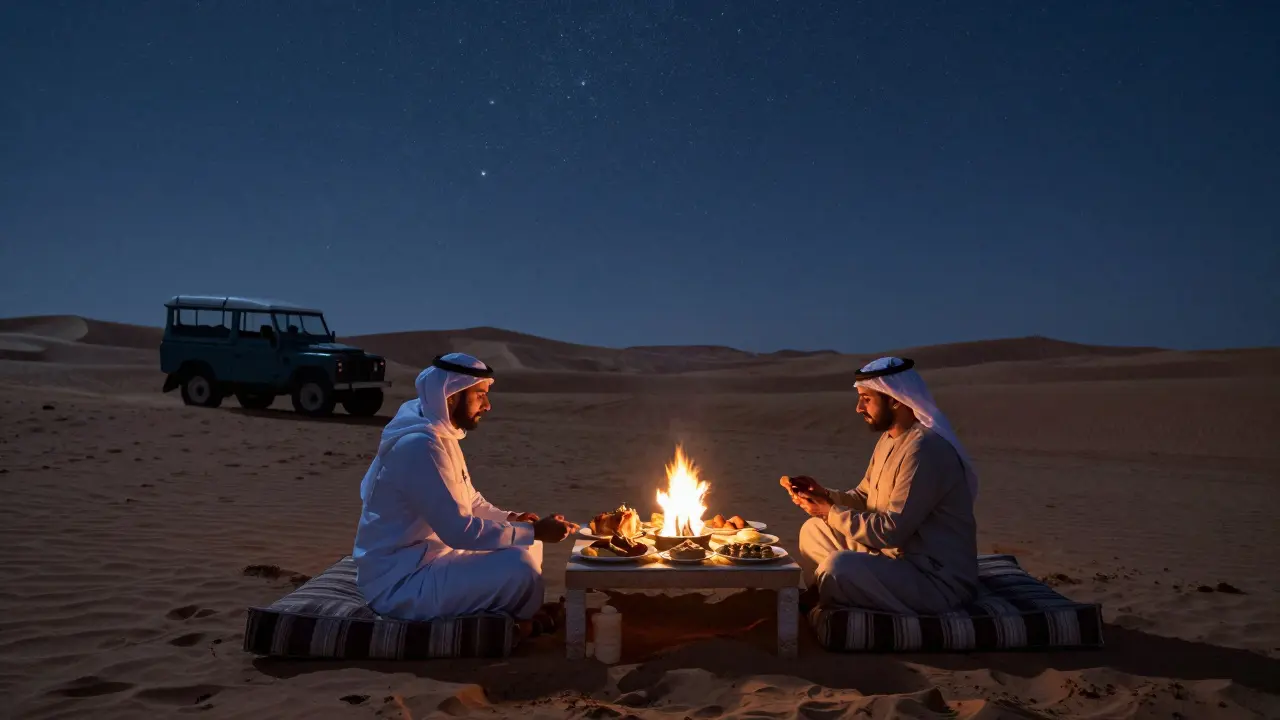 Two people sharing a private desert dinner by a campfire under a star-filled night sky.