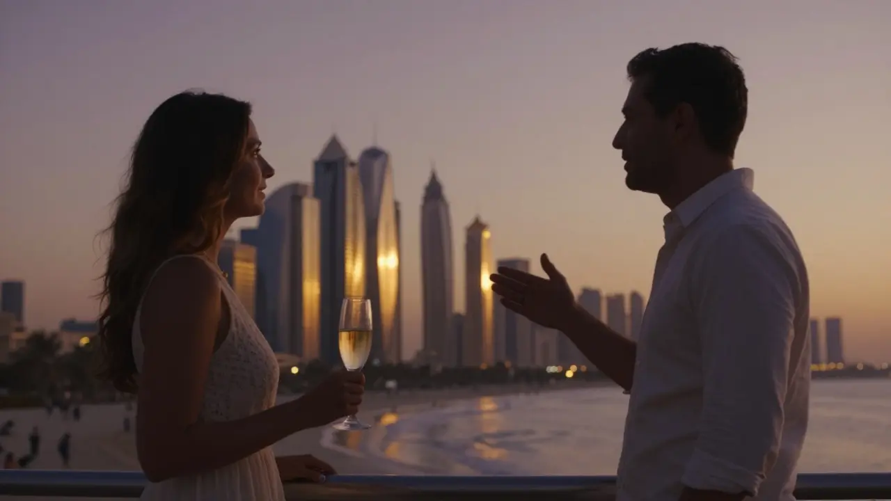 Two silhouetted figures on a Dubai rooftop at sunset, enjoying champagne with the city skyline behind them.
