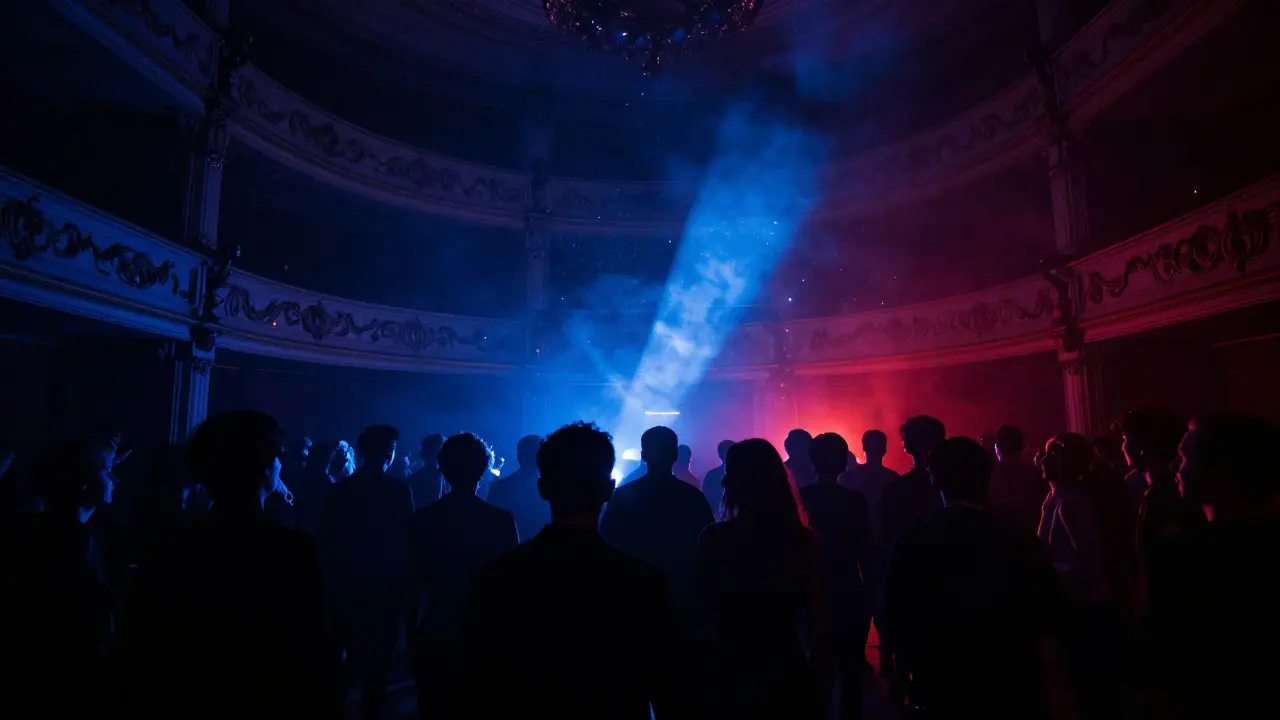 Underground techno club hidden beneath a historic theater, crowd dancing in deep blue and red strobe lights.