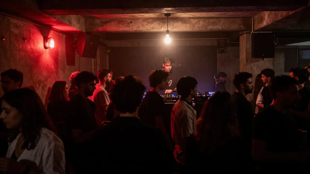 Underground techno club in Porta Romana with dim red lighting and a crowd dancing to pulsing beats.