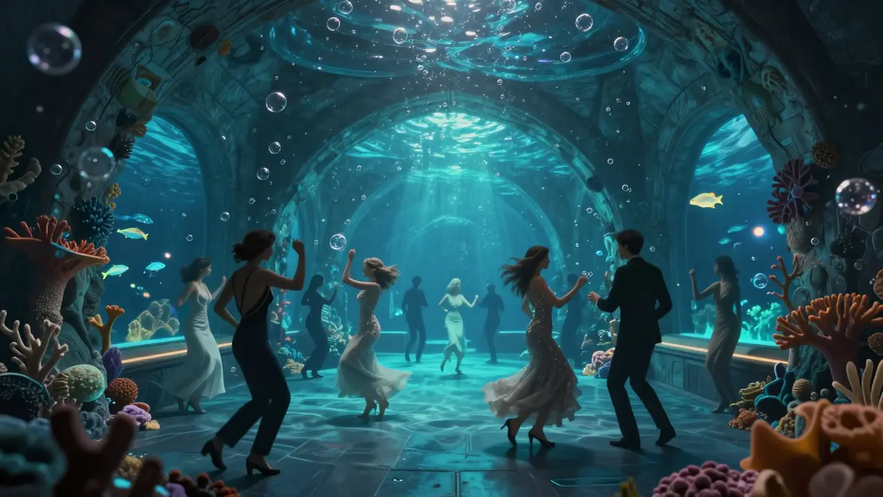 Underwater-themed nightclub inside The Old Vic Tunnels with coral and bubbles.