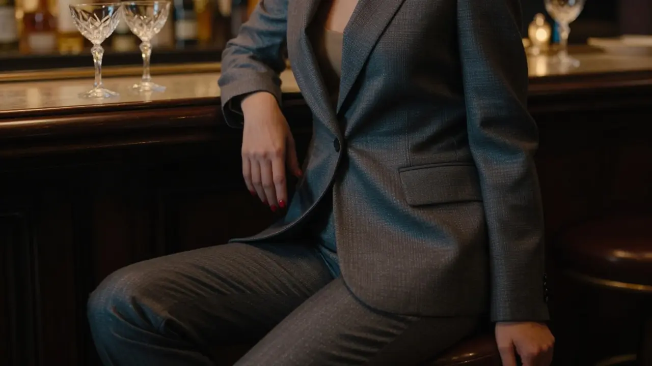 Woman in structured blazer and tailored trousers with loafers at upscale Paris bar.