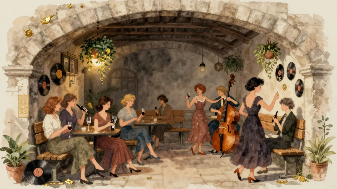 Women enjoying jazz and wine in the cozy, dimly lit Le Belle Hortense.