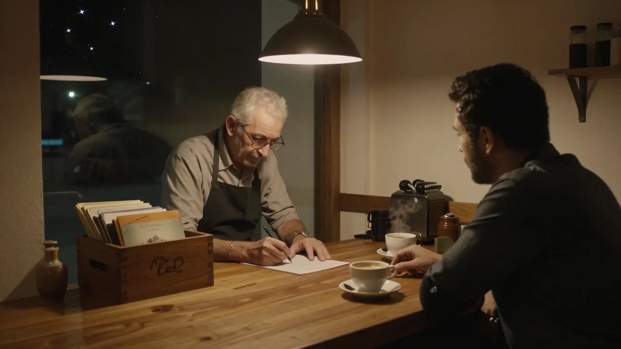 A barista writing a story at a quiet coffee house late at night, steaming cups on the table.