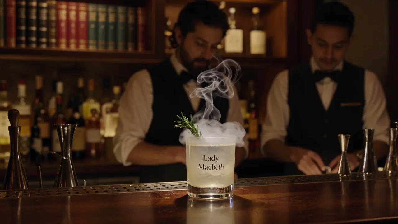 A cocktail with smoky rosemary mist served in a dimly lit bar filled with classic books and thoughtful patrons.