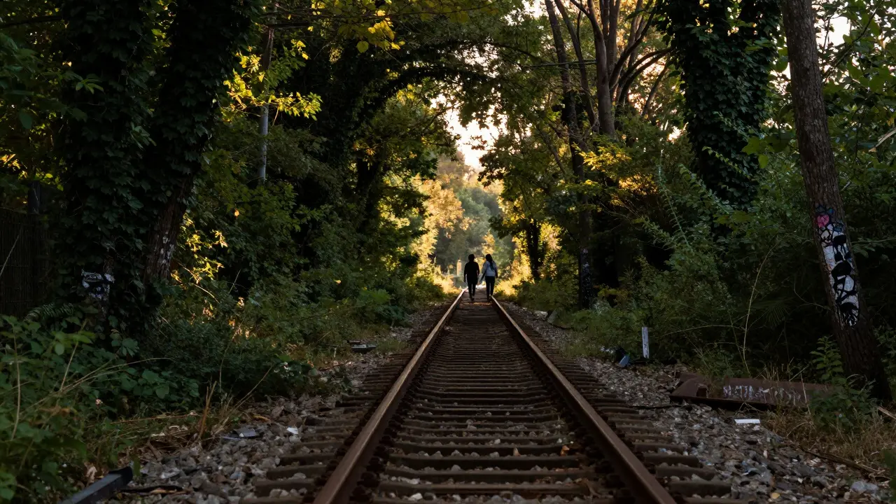 A couple strolls along the overgrown, abandoned railway of La Petite Ceinture, surrounded by nature and rusted tracks.