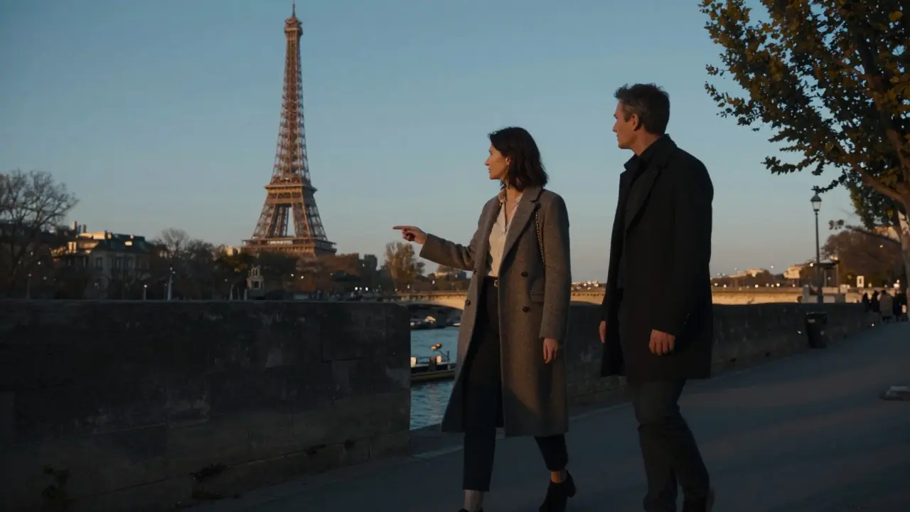 A couple walking along the Seine at twilight, the Eiffel Tower glowing in the distance.