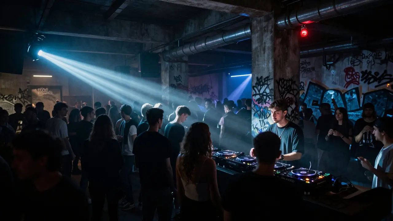 A crowd immersed in a techno beat at Ex3 club, with fog, strobe lights, and industrial walls in Porta Venezia.
