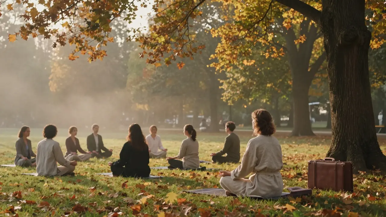 A former escort leads a meditation session in a Berlin park during autumn, surrounded by trees and calm energy.