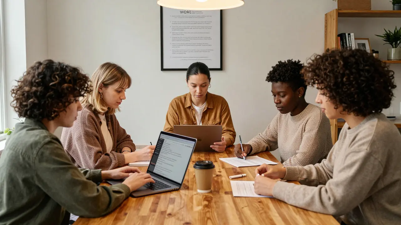 A group of independent escorts in a shared London flat, collaborating on their business with professionalism and care.
