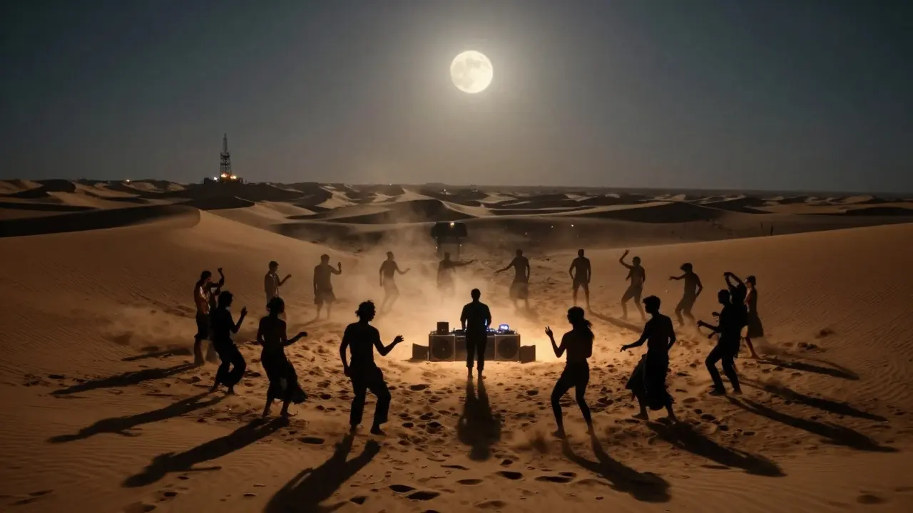 A group of people dancing in the desert under a full moon around a single sound system.