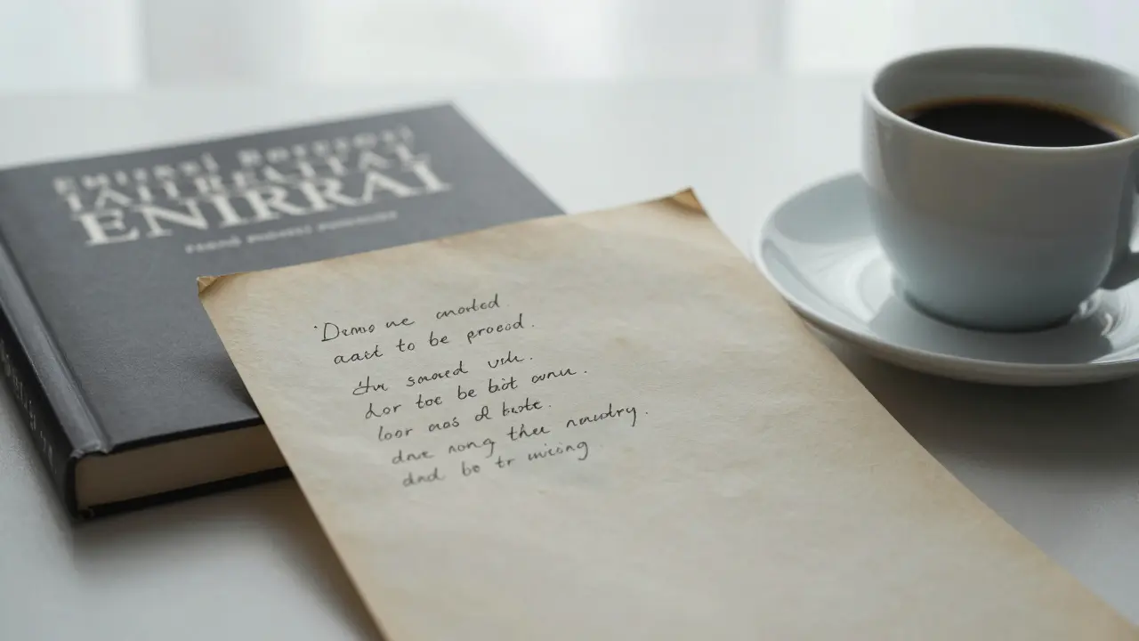A handwritten note beside a book of Emirati poetry and a coffee cup, with a city skyline reflected in the cup.