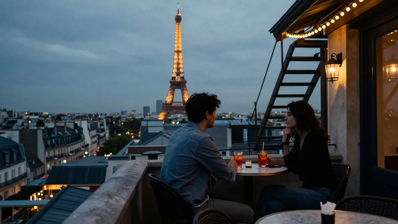 A hidden rooftop bar in Paris with the Eiffel Tower glowing softly in the distance.