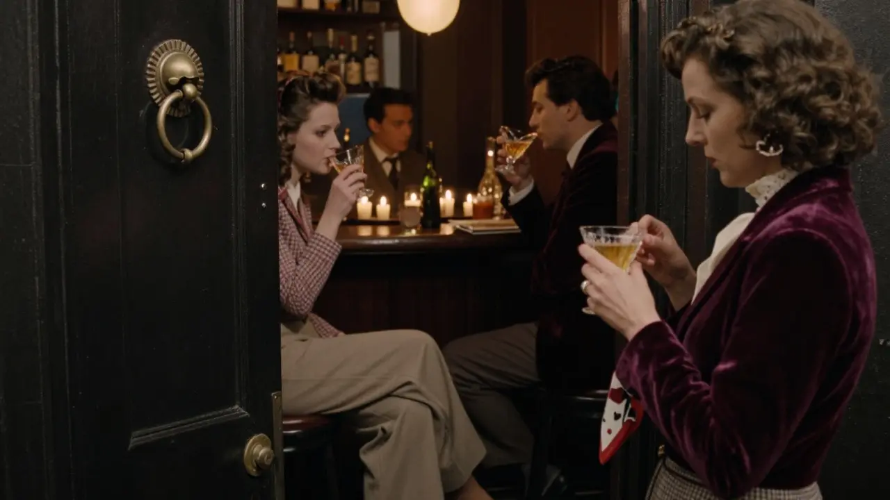 A hidden speakeasy with a runway bar, guests in vintage-inspired attire sip cocktails by candlelight, dim and mysterious ambiance.