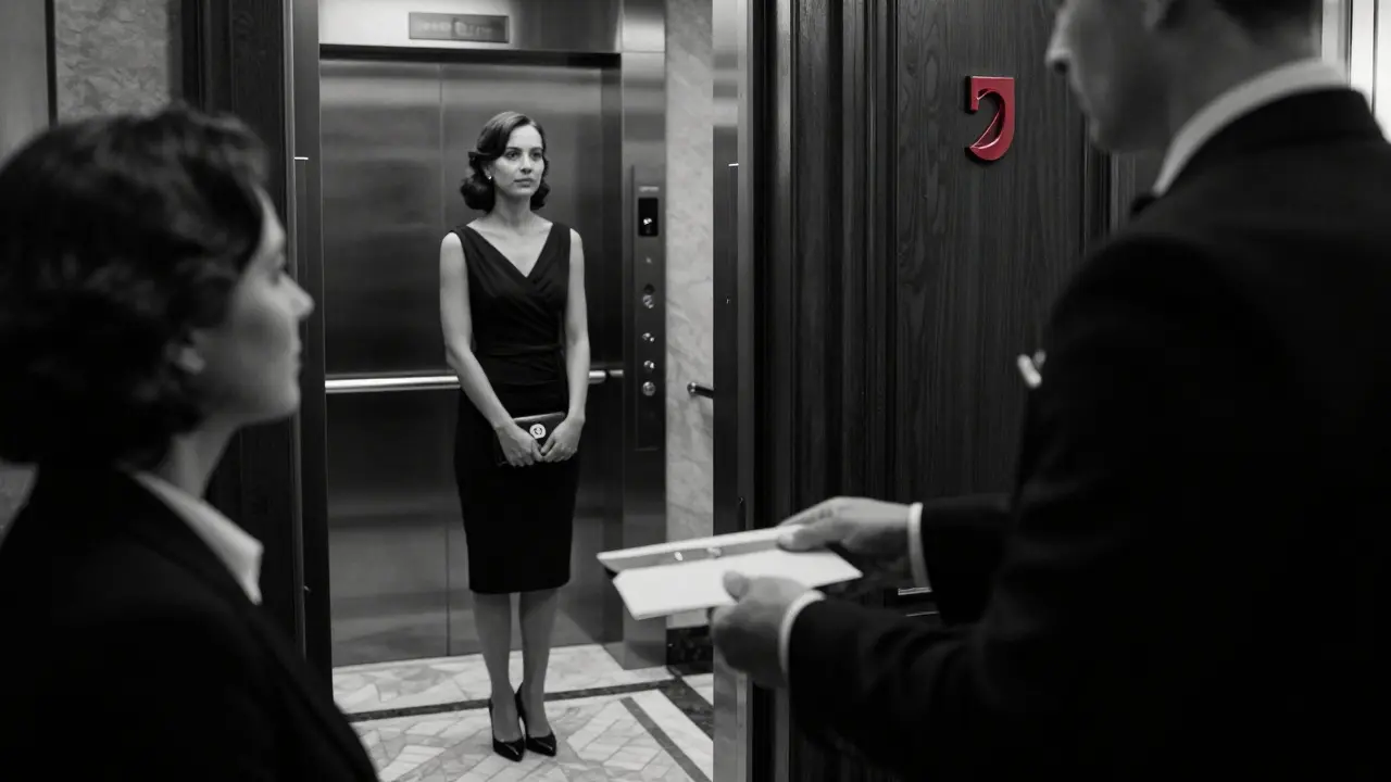 A hotel concierge discreetly passing an envelope to a guest while a companion waits nearby.
