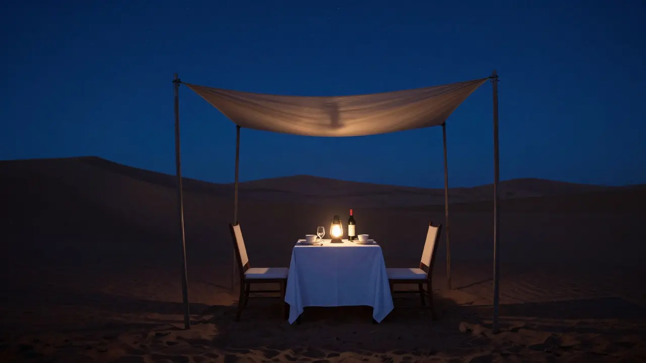 A lone table set under desert stars with wine and lanternlight, distant dunes in silhouette.