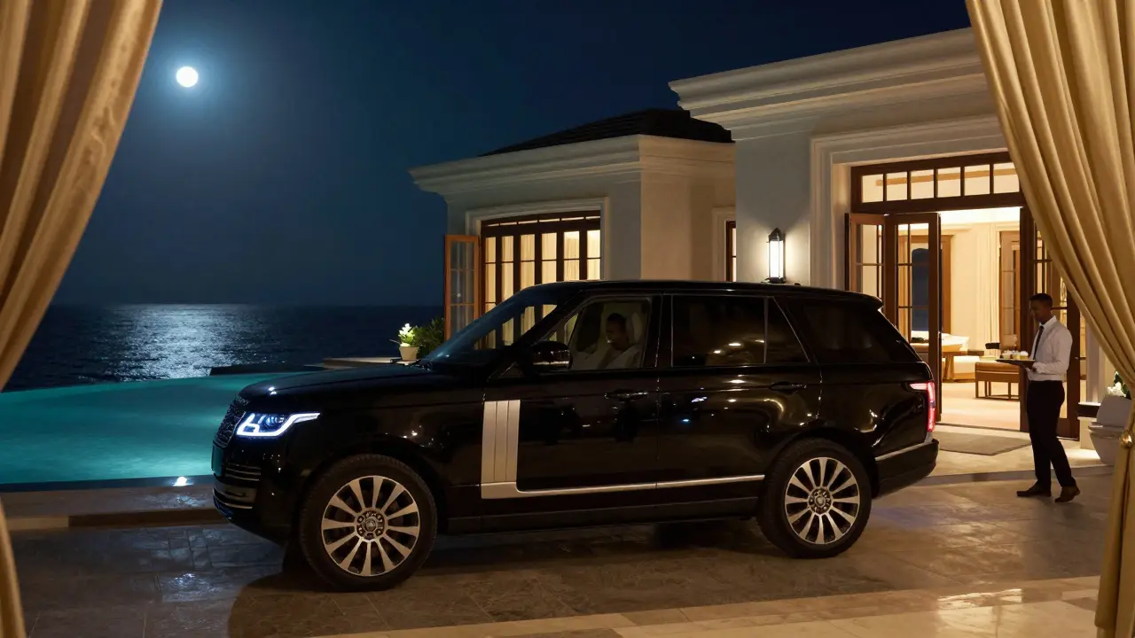 A luxury black car parked near a secluded villa on Palm Jumeirah at night, reflecting moonlight on the ocean.