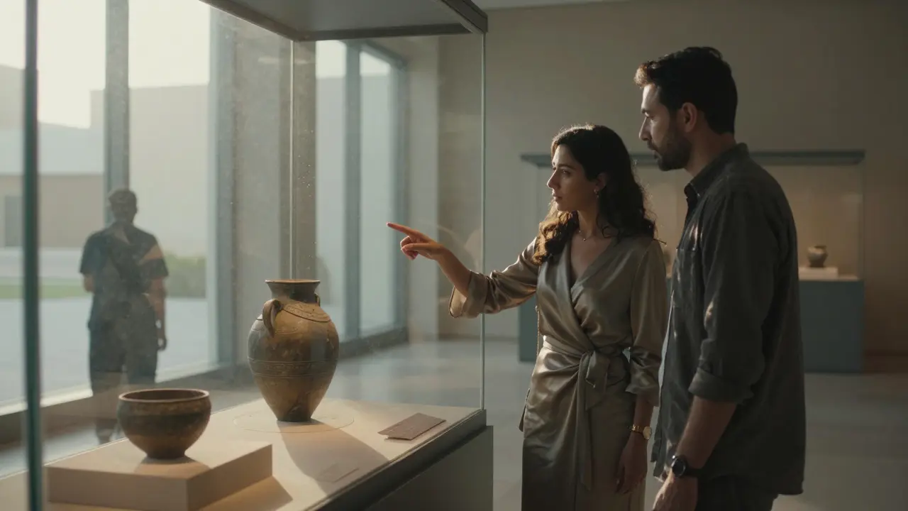 A man and woman exploring an empty Dubai museum at dawn, sharing a quiet moment beside ancient artifacts.