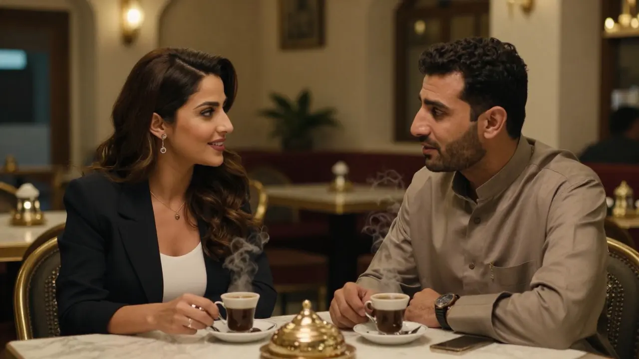 A man and woman having a quiet, respectful conversation in a luxurious Arabic café, no physical contact.