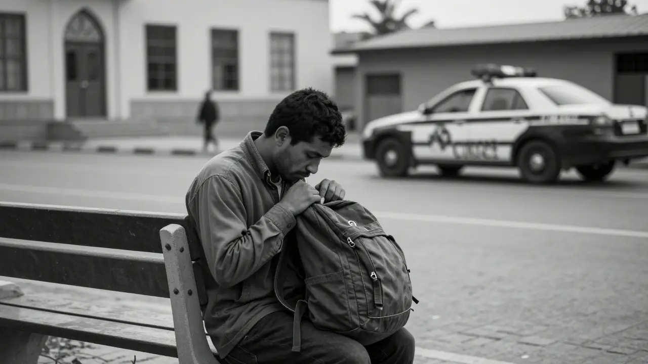 A migrant worker sits alone on a bench near a mosque at dawn, a police car passing in the distance.