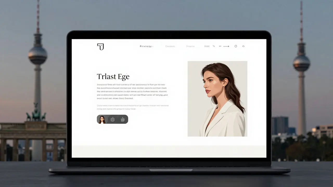 A minimalist escort profile on a laptop screen with a blurred Berlin skyline in the background.