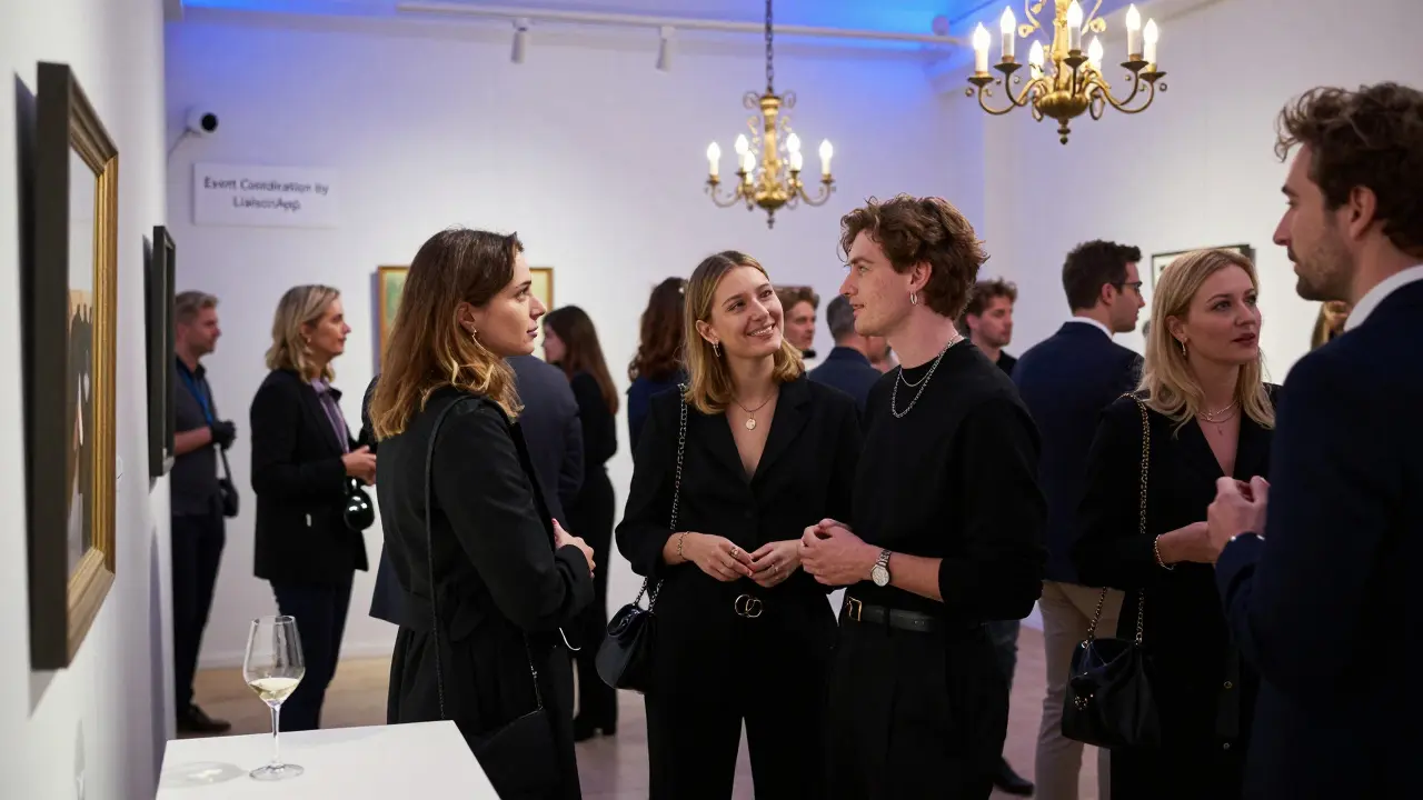A non-binary companion guiding a guest through an art gallery opening in Paris, surrounded by elegant attendees.