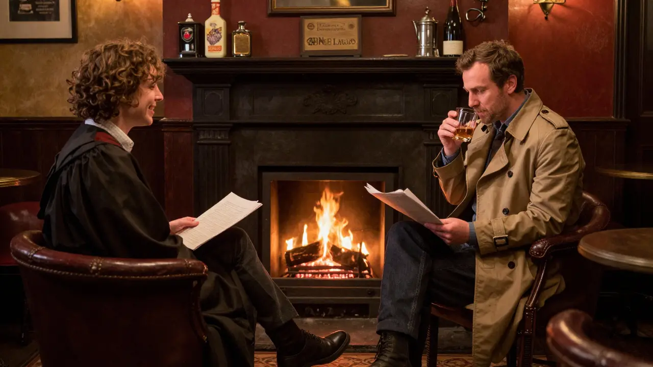 A quiet pub with a fireplace, a director and actor sharing a quiet moment over whisky after a performance.
