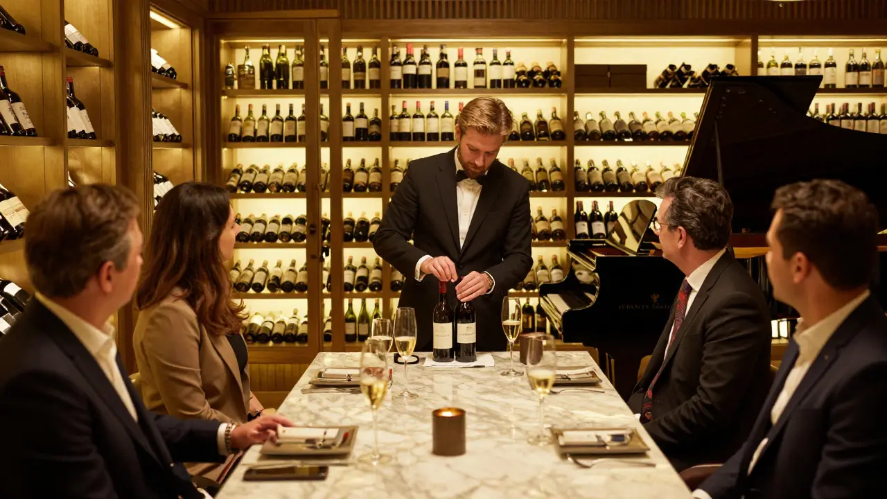 A quiet wine cellar with sommelier uncorking a rare bottle, surrounded by elegant guests in dim, ambient lighting.