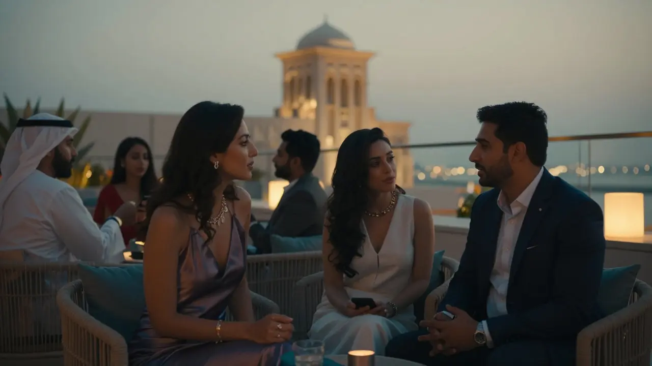 A refined rooftop gathering in Abu Dhabi at dusk, with guests engaged in thoughtful conversation.