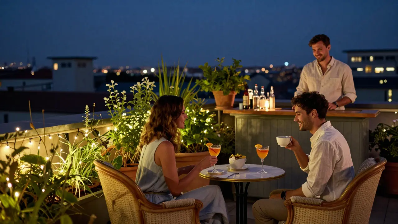 A romantic rooftop garden in Milan with vintage chairs, string lights, and people sipping cocktails from teacups under the stars.