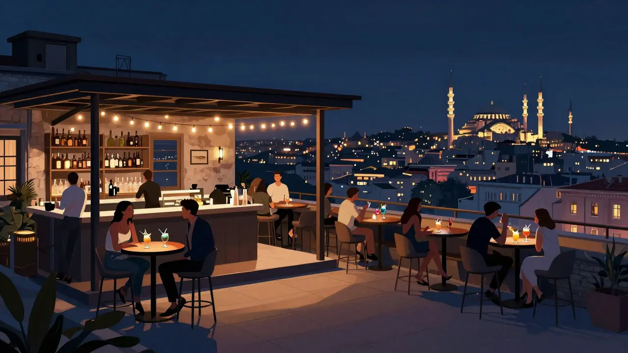 A rooftop bar in Karaköy with guests sipping cocktails under string lights and a glowing Istanbul skyline.