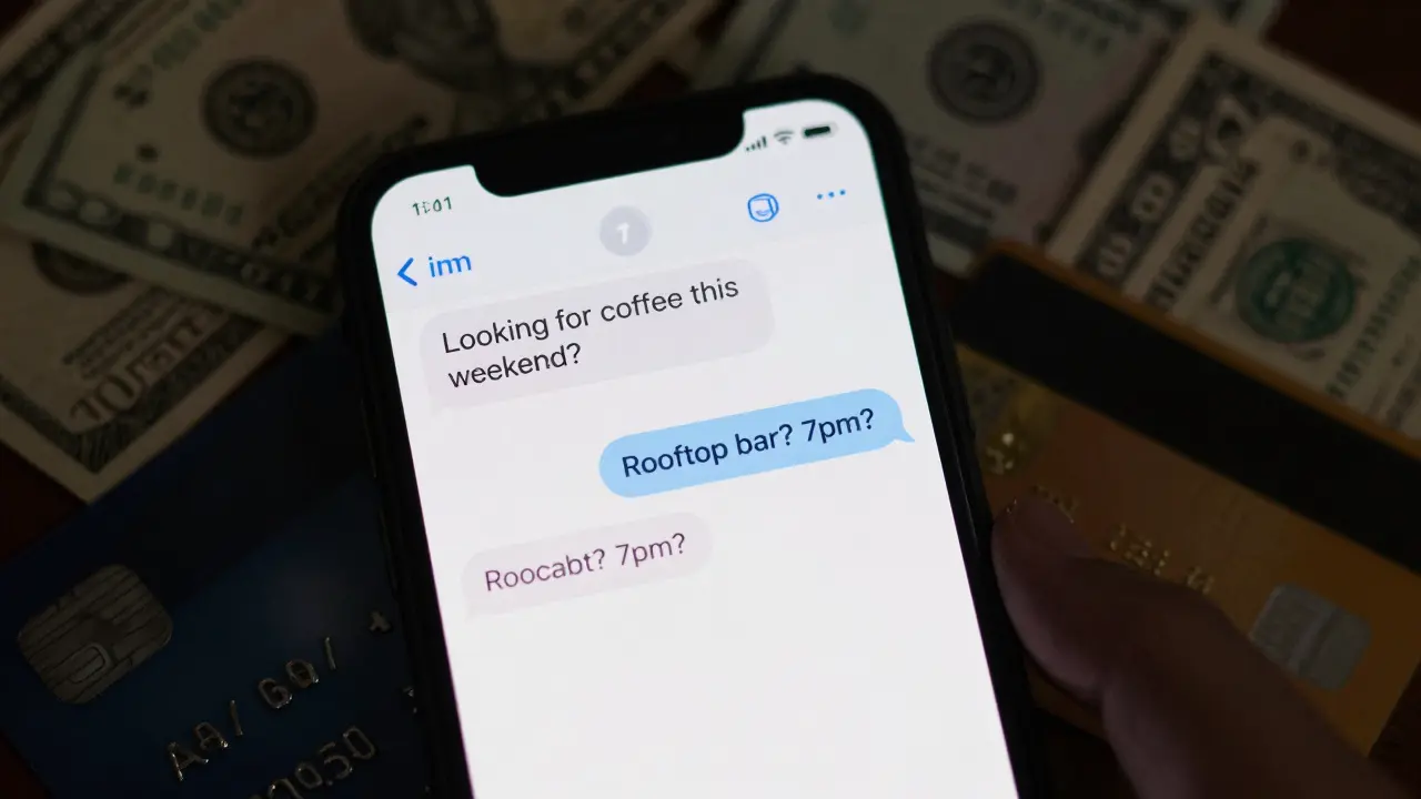 A smartphone displaying vague text messages about meeting for coffee, with cash and a credit card nearby.