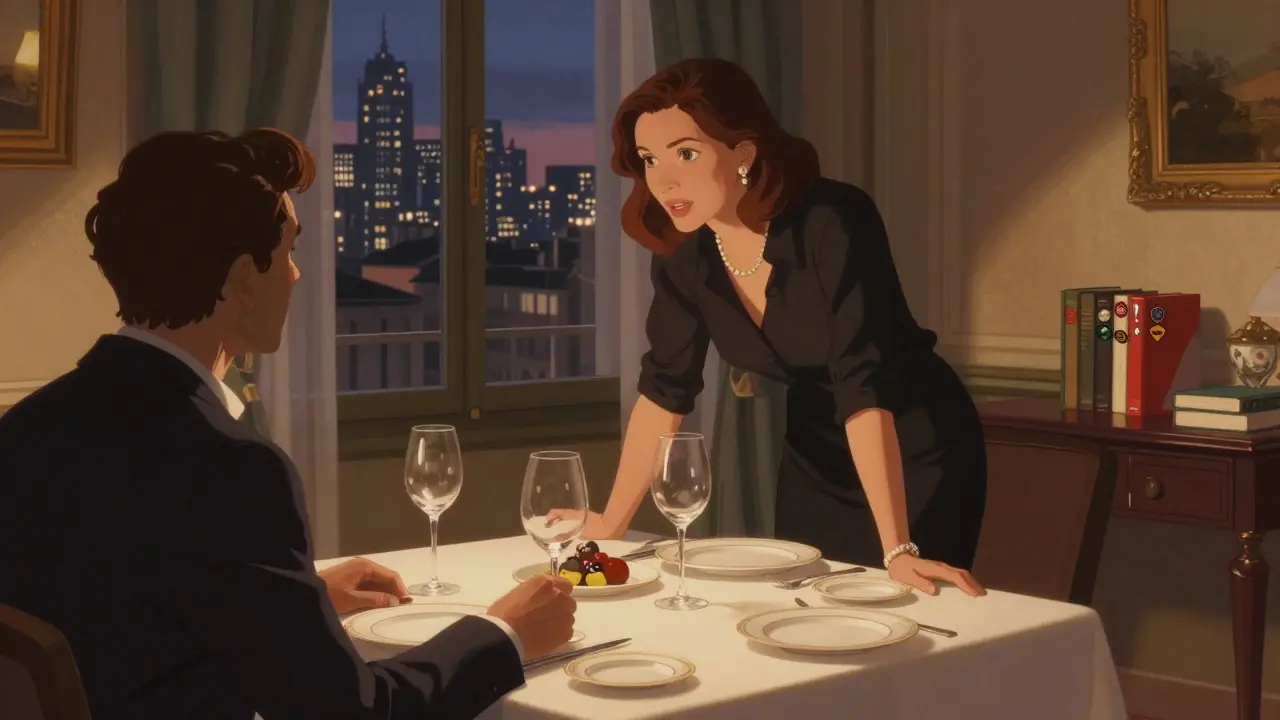 A sophisticated woman shares an intimate dinner with a shadowed guest, overlooking Milan’s skyline.