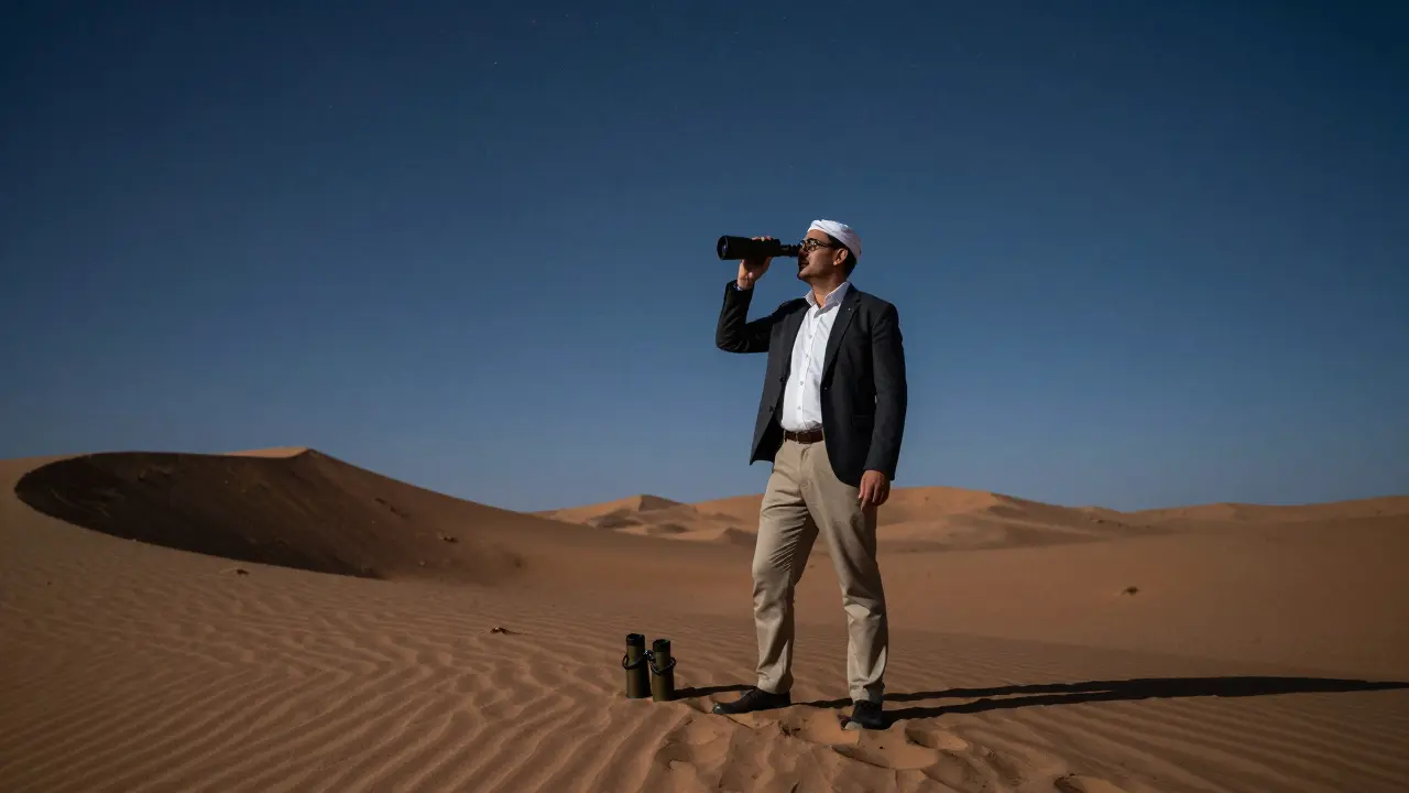 A traveler and companion stargazing on a desert dune at night, telescope nearby, atmosphere of calm wonder.