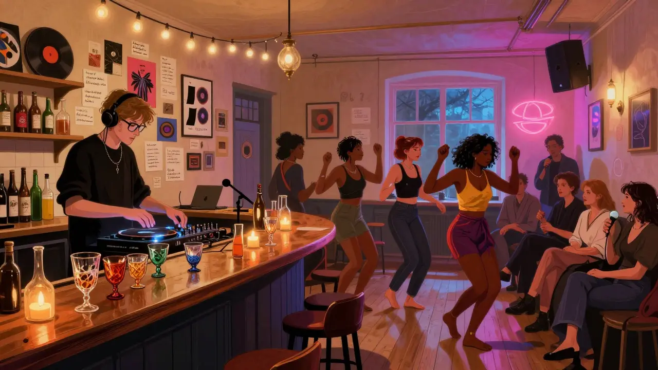 A vibrant queer space blending bar, art gallery, and dance floor with diverse patrons.