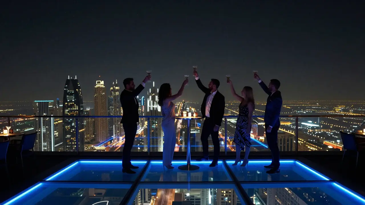 A VIP group on a glass-bottom dance floor high above Abu Dhabi’s skyline, glowing with neon lights and city lights below.