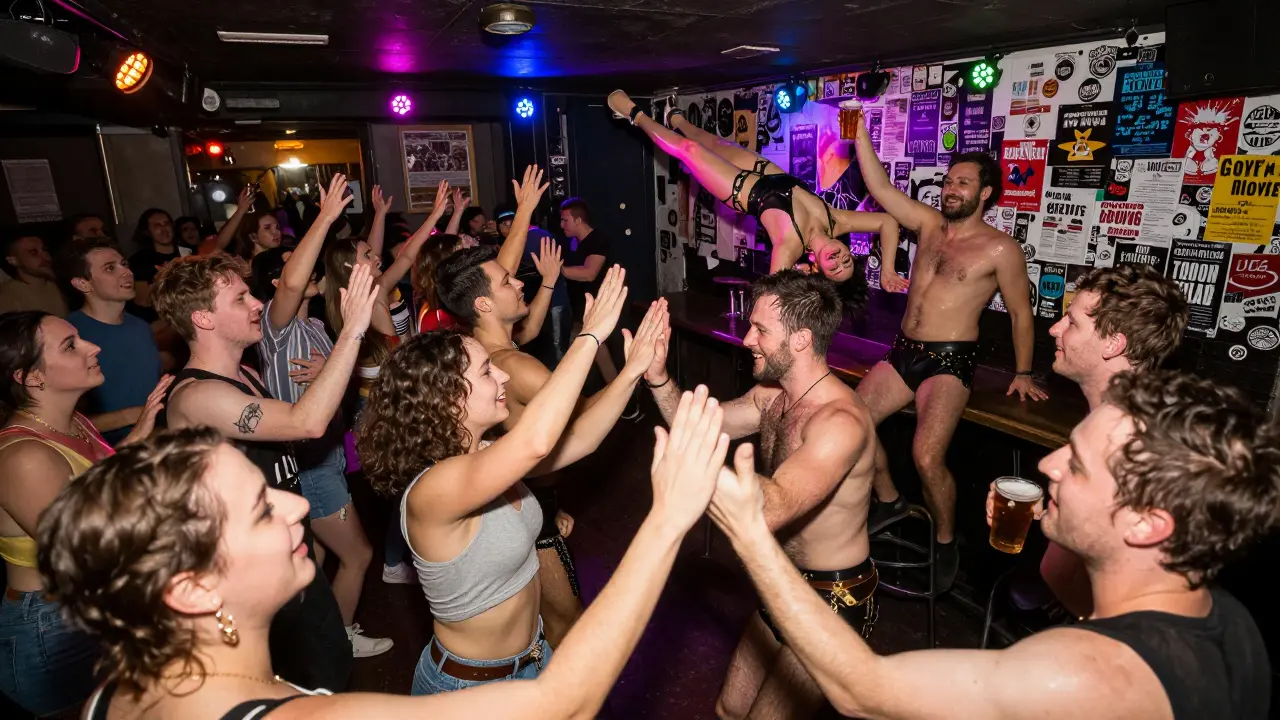 A wild, packed queer dance party with a drag queen mid-performance on a bar.