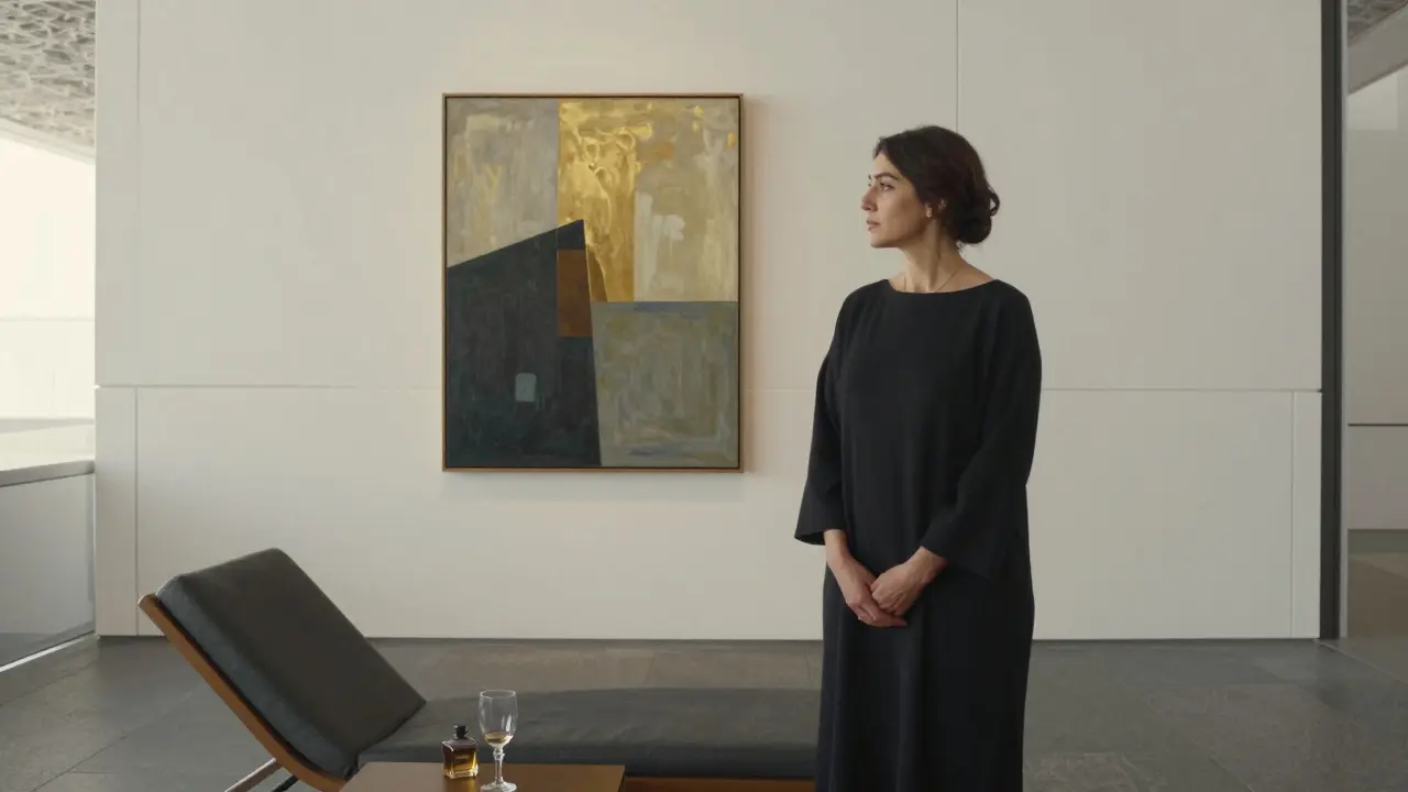 A woman contemplatively views Emirati art in the Louvre Abu Dhabi after hours, bathed in soft ambient light.