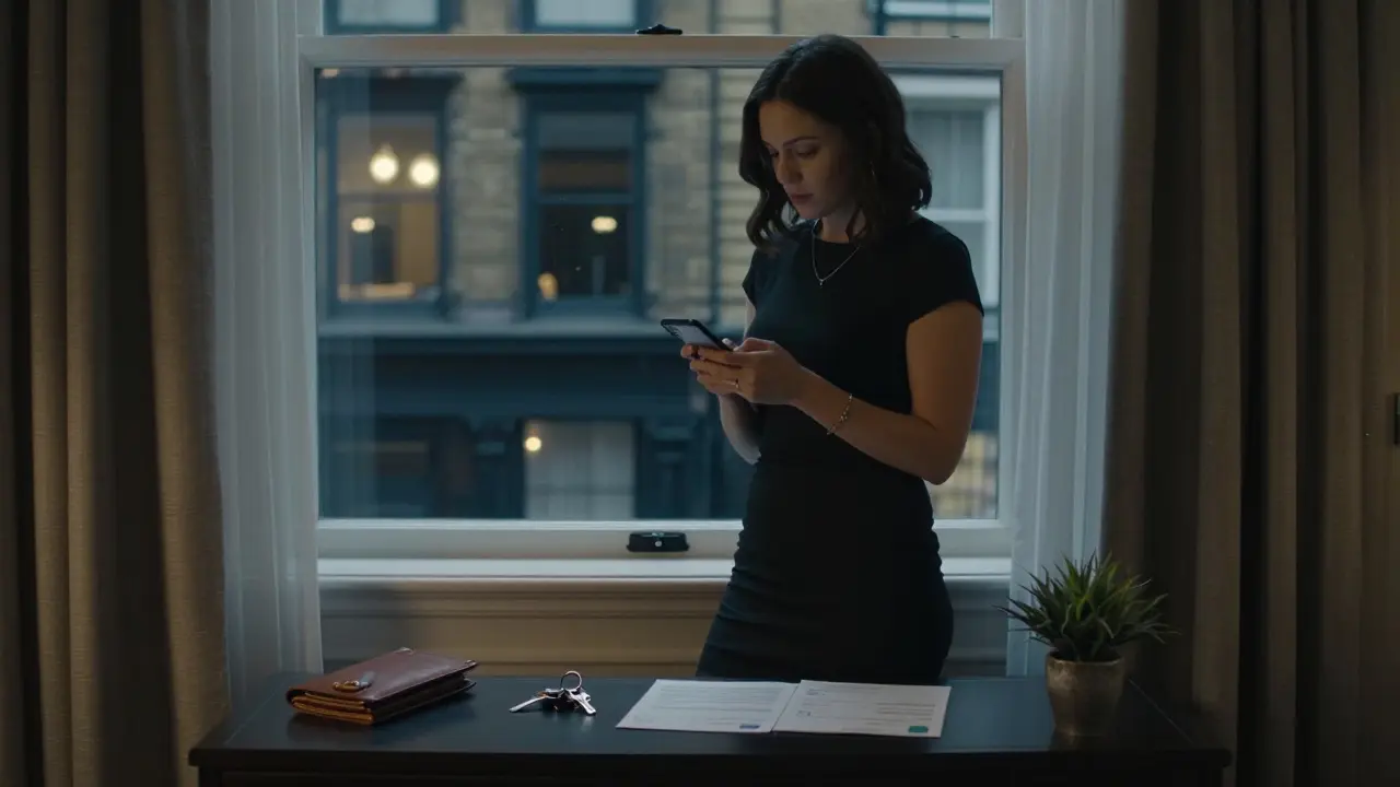 A woman in a hotel room verifying client details with keys and ID on a dresser, city lights visible through the window.