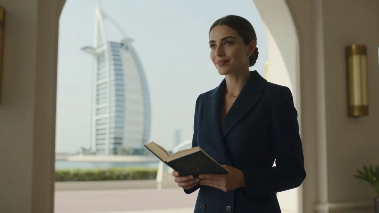 A woman in a navy coat holding a book near Burj Al Arab, softly lit by twilight.