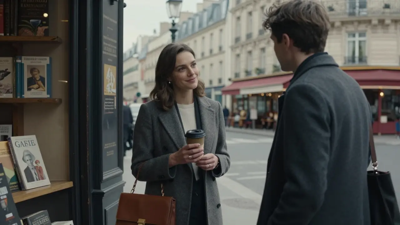 A woman in Saint-Germain-des-Prés greets a man outside a bookstore, both dressed elegantly, surrounded by Parisian culture.