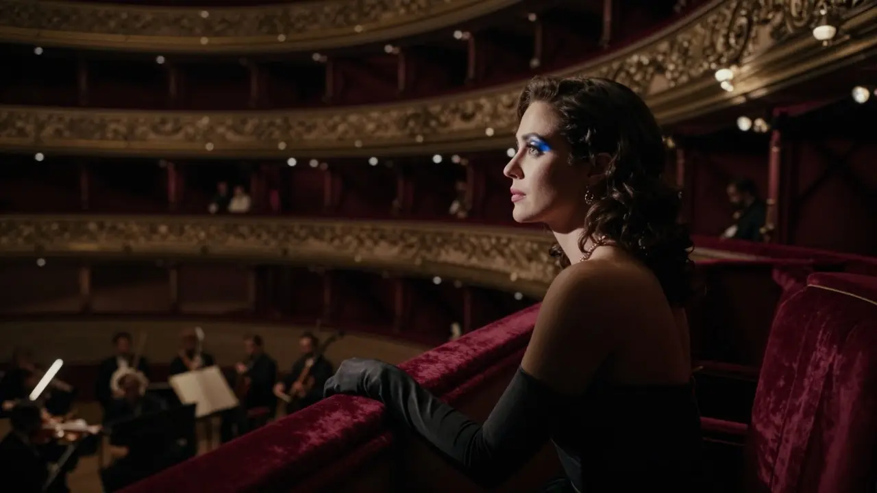 A woman sits alone in a private opera box at La Scala, bathed in a single spotlight, exuding quiet elegance.