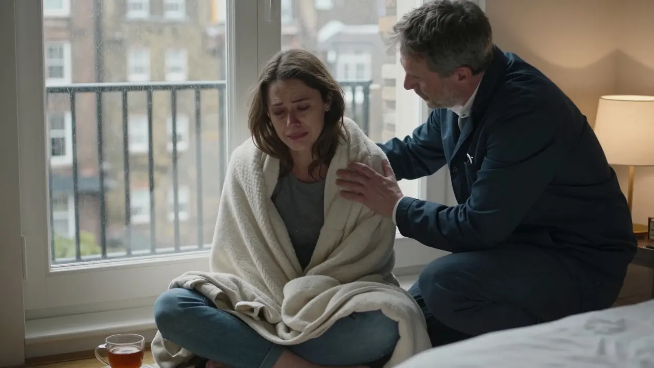 A woman sobs on the floor, wrapped in a blanket, as an escort offers silent comfort in a London apartment.