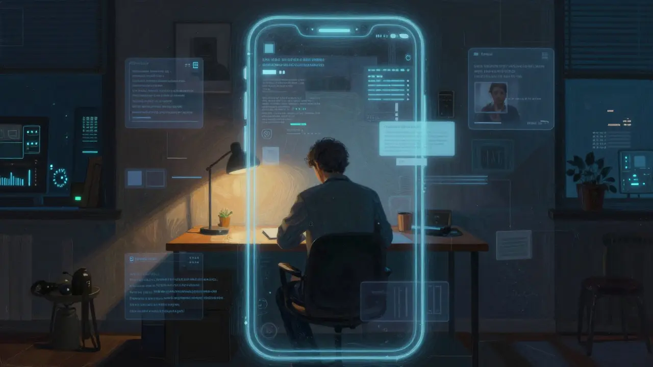 Abstract illustration of isolated figure at desk with glowing digital screens and encrypted patterns