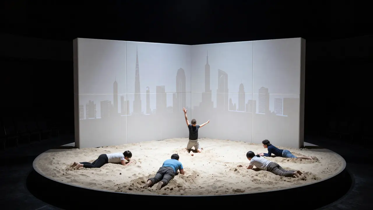 Actors burying themselves in sand on a rotating cube stage, projections of Dubai’s skyline fading behind them.