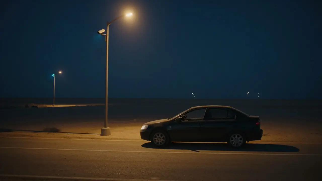 An empty desert road at night with surveillance cameras glowing faintly in the distance.