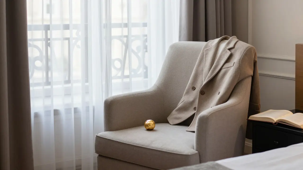 An empty hotel room with a folded coat and a chocolate on the nightstand, suggesting a meaningful encounter.